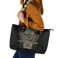 Celtic Trinity Knot Raven Emblem Leather Tote Bag Intricate Norse Tribal Knotwork Illustration
