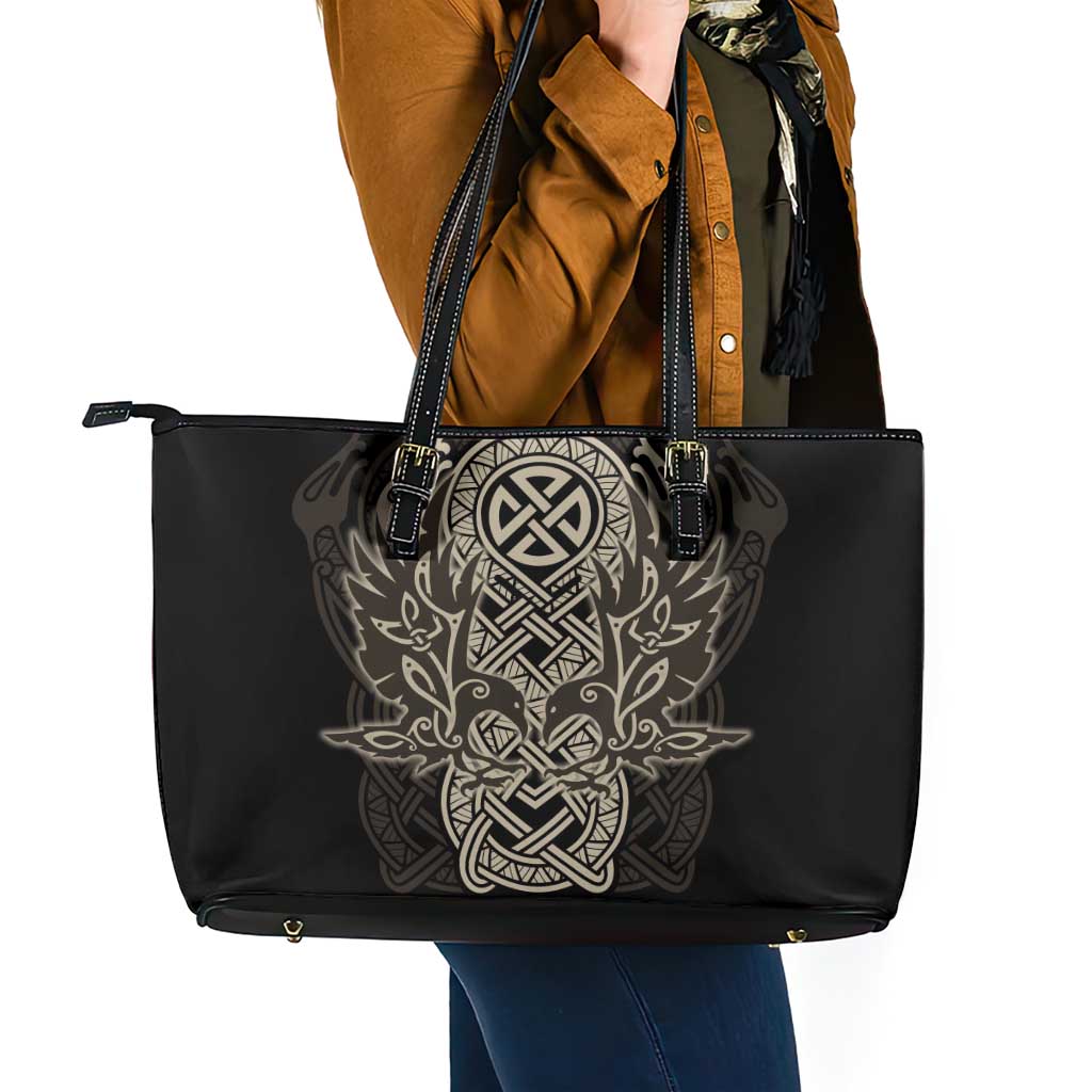 Celtic Trinity Knot Raven Emblem Leather Tote Bag Intricate Norse Tribal Knotwork Illustration