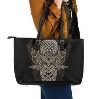 Celtic Trinity Knot Raven Emblem Leather Tote Bag Intricate Norse Tribal Knotwork Illustration