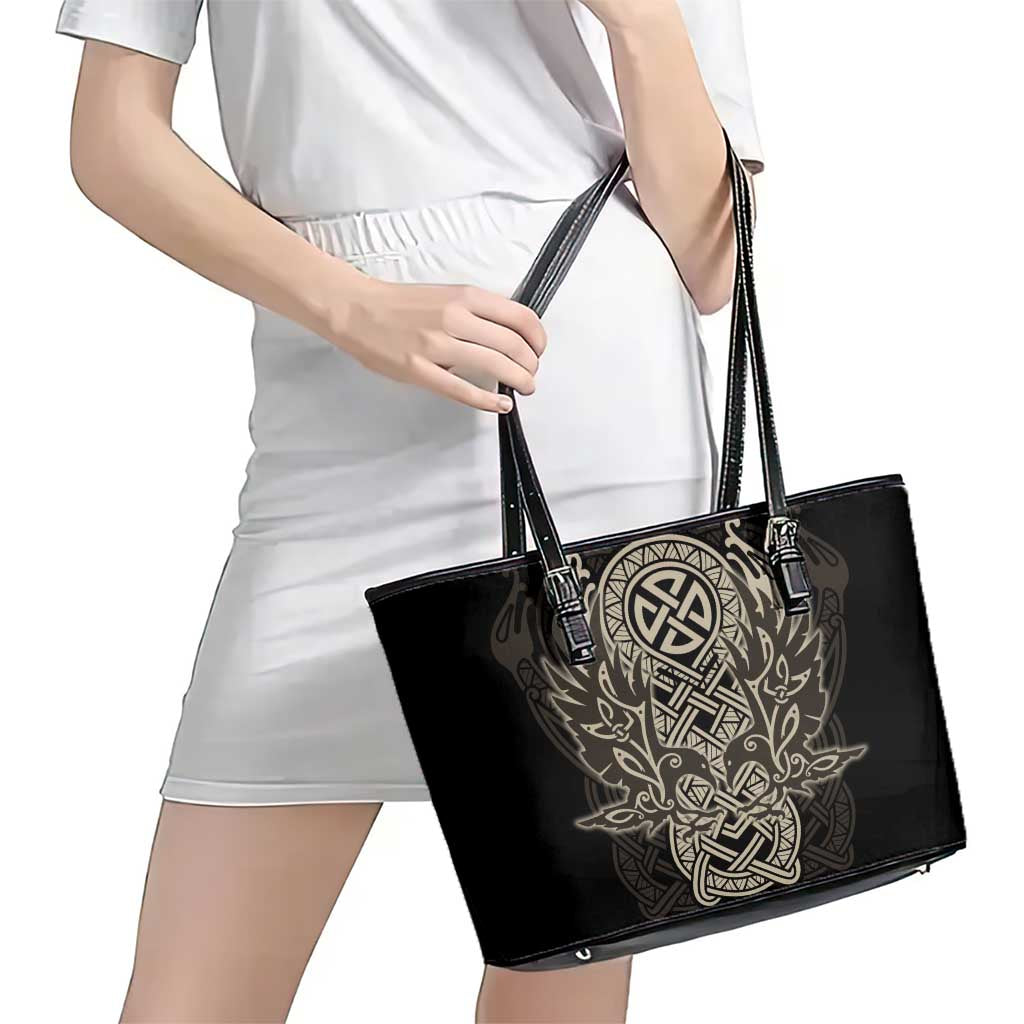 Celtic Trinity Knot Raven Emblem Leather Tote Bag Intricate Norse Tribal Knotwork Illustration