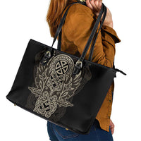 Celtic Trinity Knot Raven Emblem Leather Tote Bag Intricate Norse Tribal Knotwork Illustration