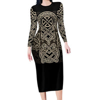 Celtic Trinity Knot Raven Emblem Long Sleeve Bodycon Dress Intricate Norse Tribal Knotwork Illustration
