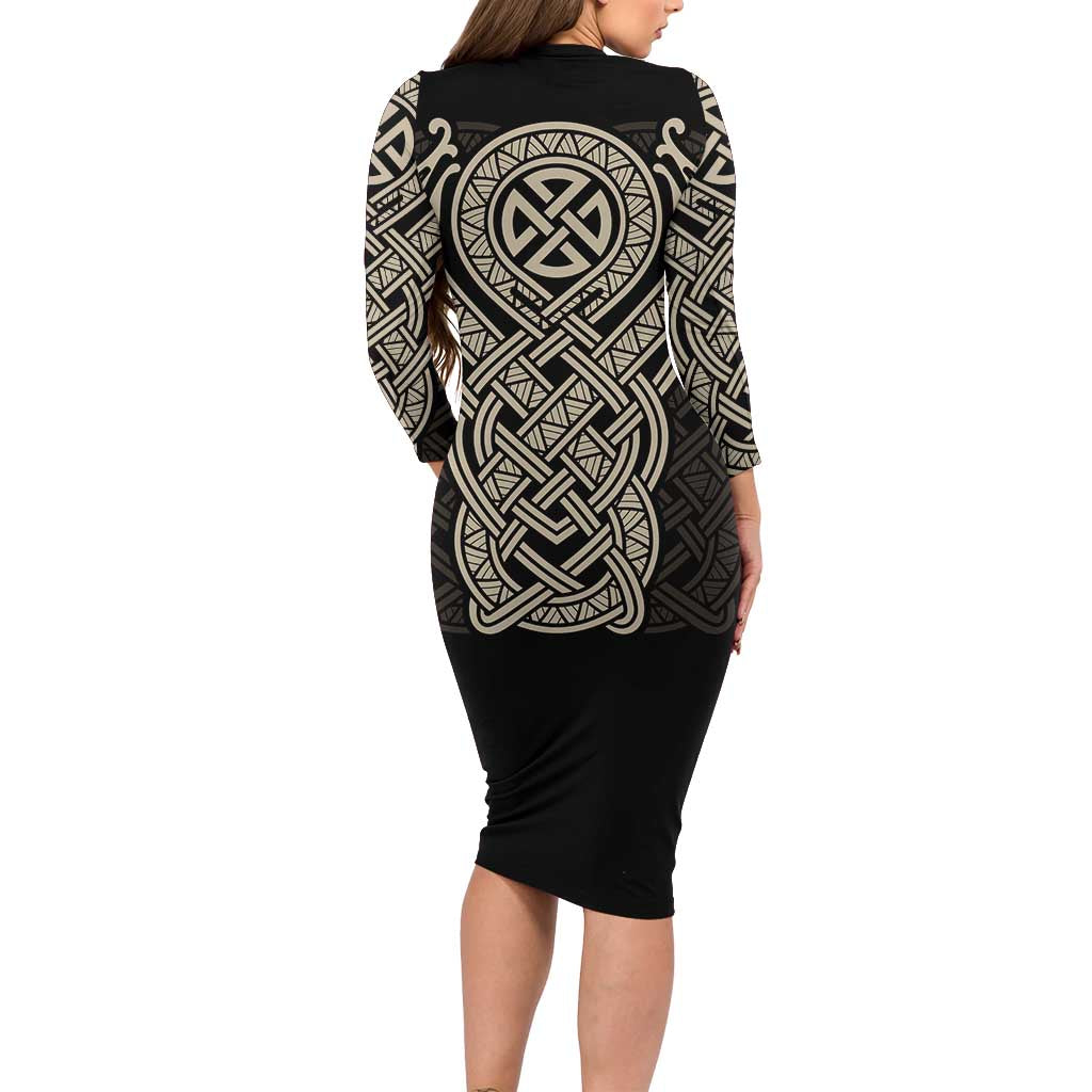 Celtic Trinity Knot Raven Emblem Long Sleeve Bodycon Dress Intricate Norse Tribal Knotwork Illustration
