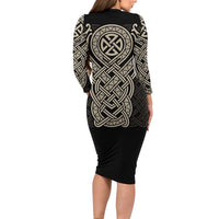 Celtic Trinity Knot Raven Emblem Long Sleeve Bodycon Dress Intricate Norse Tribal Knotwork Illustration
