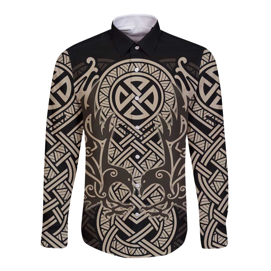 Celtic Trinity Knot Raven Emblem Long Sleeve Button Shirt Intricate Norse Tribal Knotwork Illustration