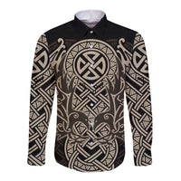 Celtic Trinity Knot Raven Emblem Long Sleeve Button Shirt Intricate Norse Tribal Knotwork Illustration