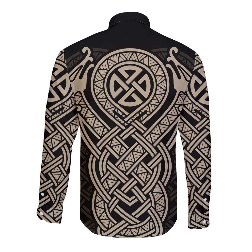 Celtic Trinity Knot Raven Emblem Long Sleeve Button Shirt Intricate Norse Tribal Knotwork Illustration