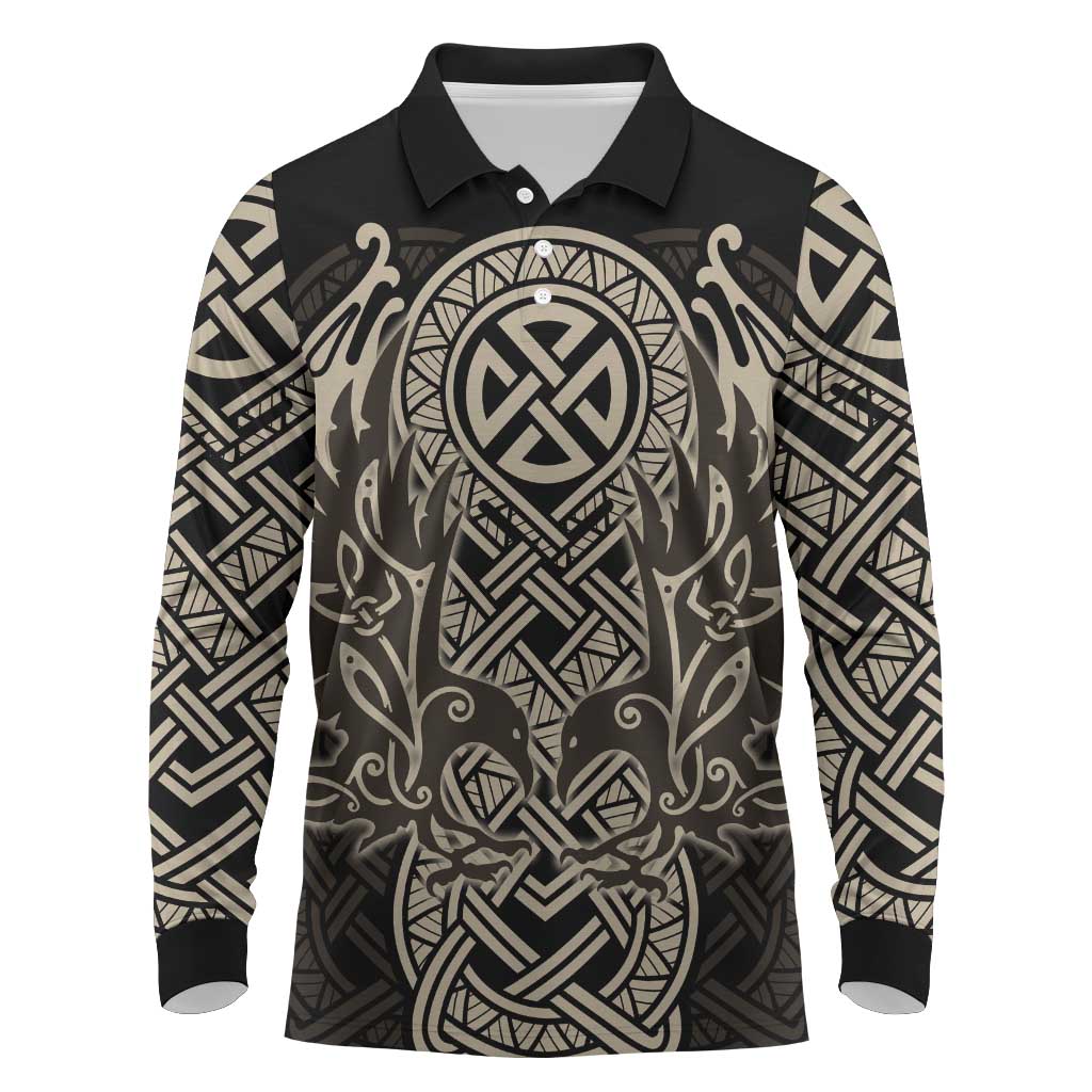 Celtic Trinity Knot Raven Emblem Long Sleeve Polo Shirt Intricate Norse Tribal Knotwork Illustration