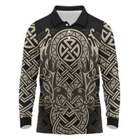 Celtic Trinity Knot Raven Emblem Long Sleeve Polo Shirt Intricate Norse Tribal Knotwork Illustration