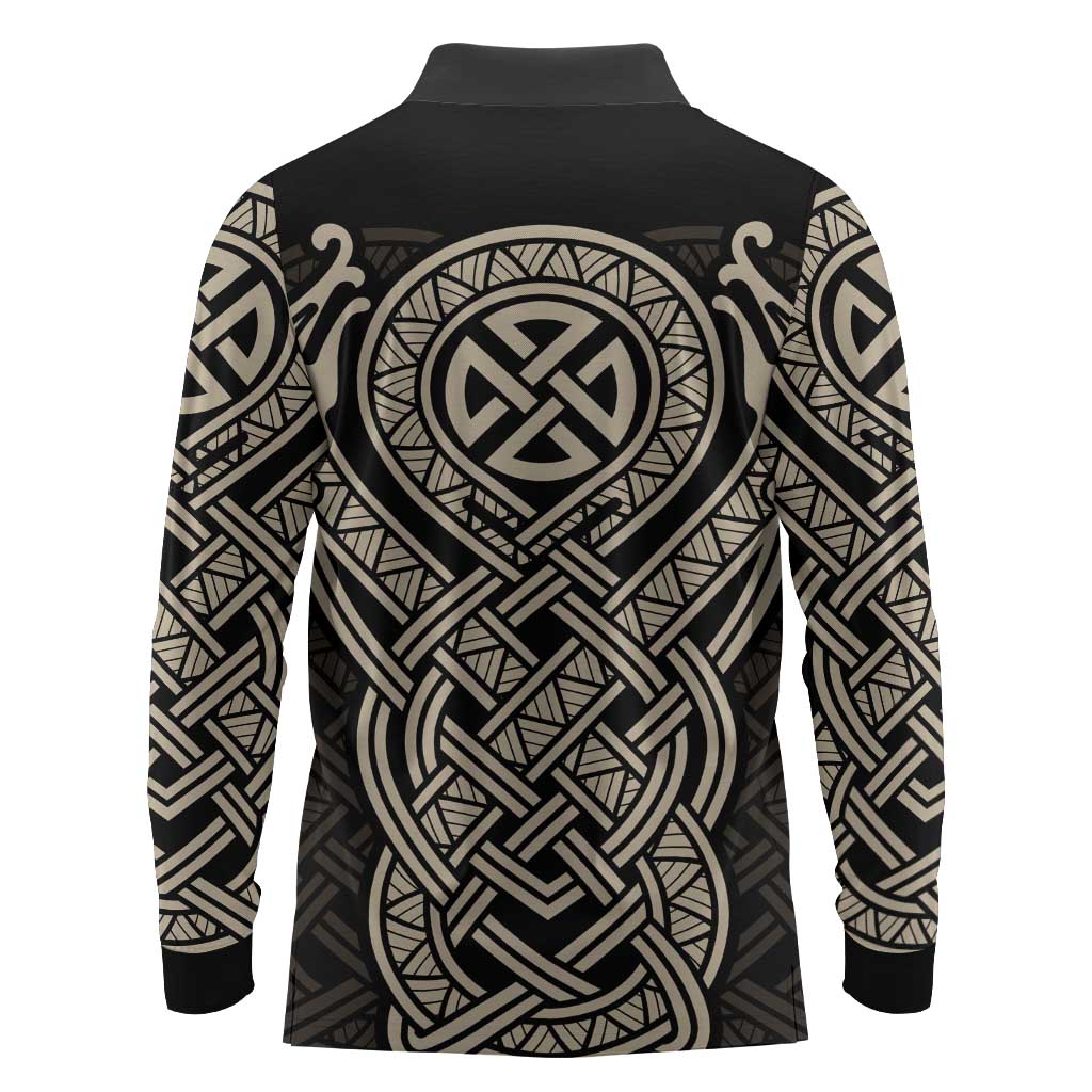 Celtic Trinity Knot Raven Emblem Long Sleeve Polo Shirt Intricate Norse Tribal Knotwork Illustration