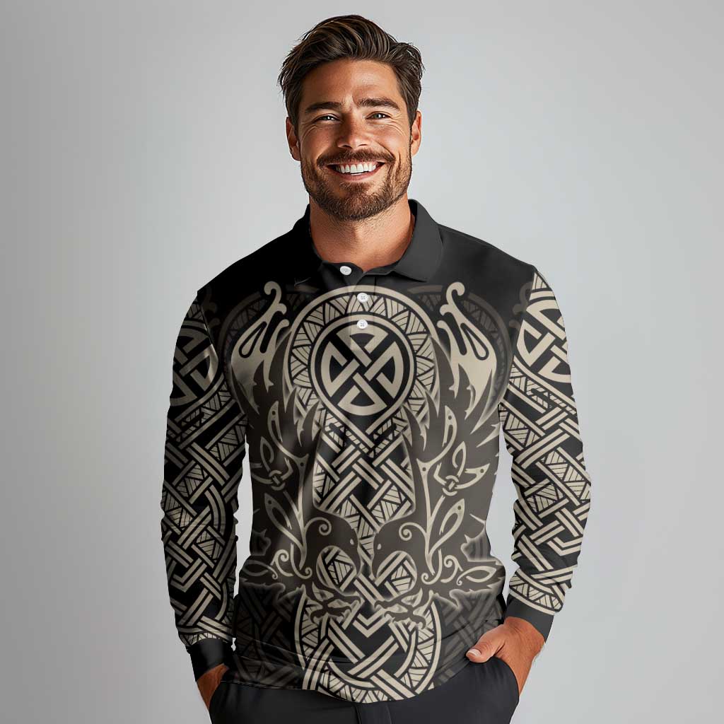 Celtic Trinity Knot Raven Emblem Long Sleeve Polo Shirt Intricate Norse Tribal Knotwork Illustration
