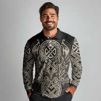 Celtic Trinity Knot Raven Emblem Long Sleeve Polo Shirt Intricate Norse Tribal Knotwork Illustration