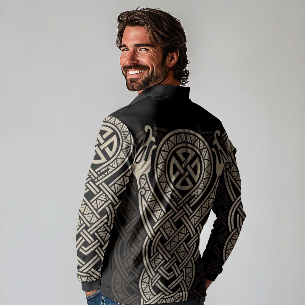 Celtic Trinity Knot Raven Emblem Long Sleeve Polo Shirt Intricate Norse Tribal Knotwork Illustration