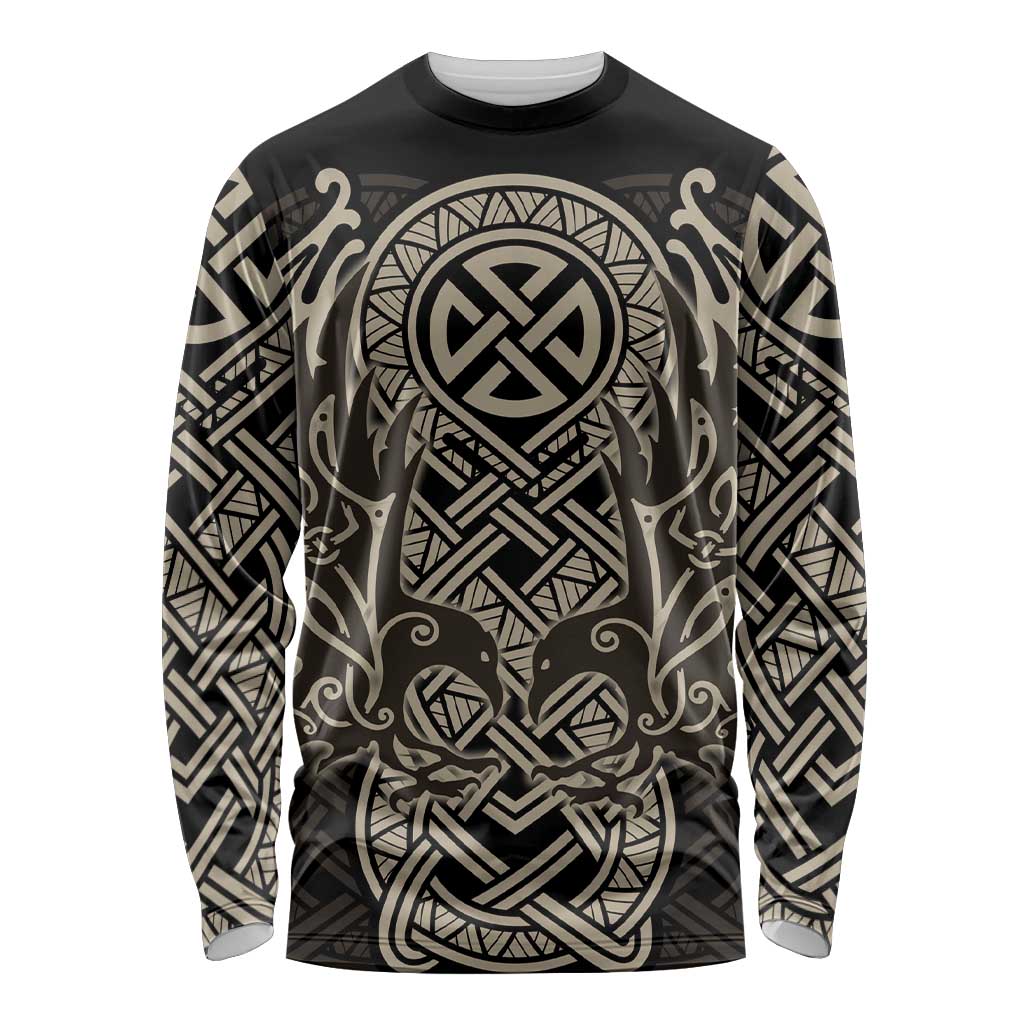 Celtic Trinity Knot Raven Emblem Long Sleeve Shirt Intricate Norse Tribal Knotwork Illustration