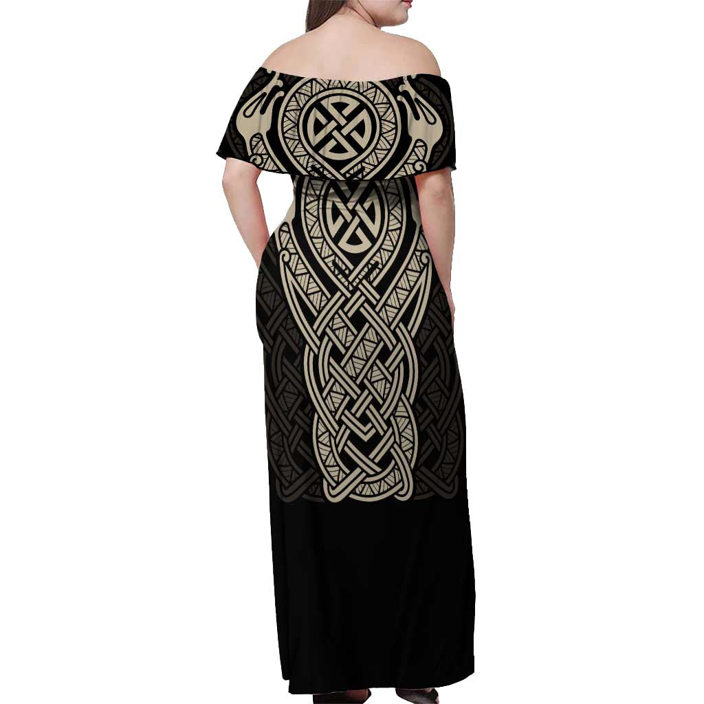 Celtic Trinity Knot Raven Emblem Off Shoulder Maxi Dress Intricate Norse Tribal Knotwork Illustration