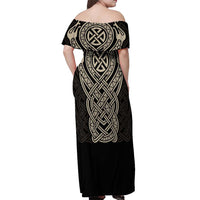 Celtic Trinity Knot Raven Emblem Off Shoulder Maxi Dress Intricate Norse Tribal Knotwork Illustration