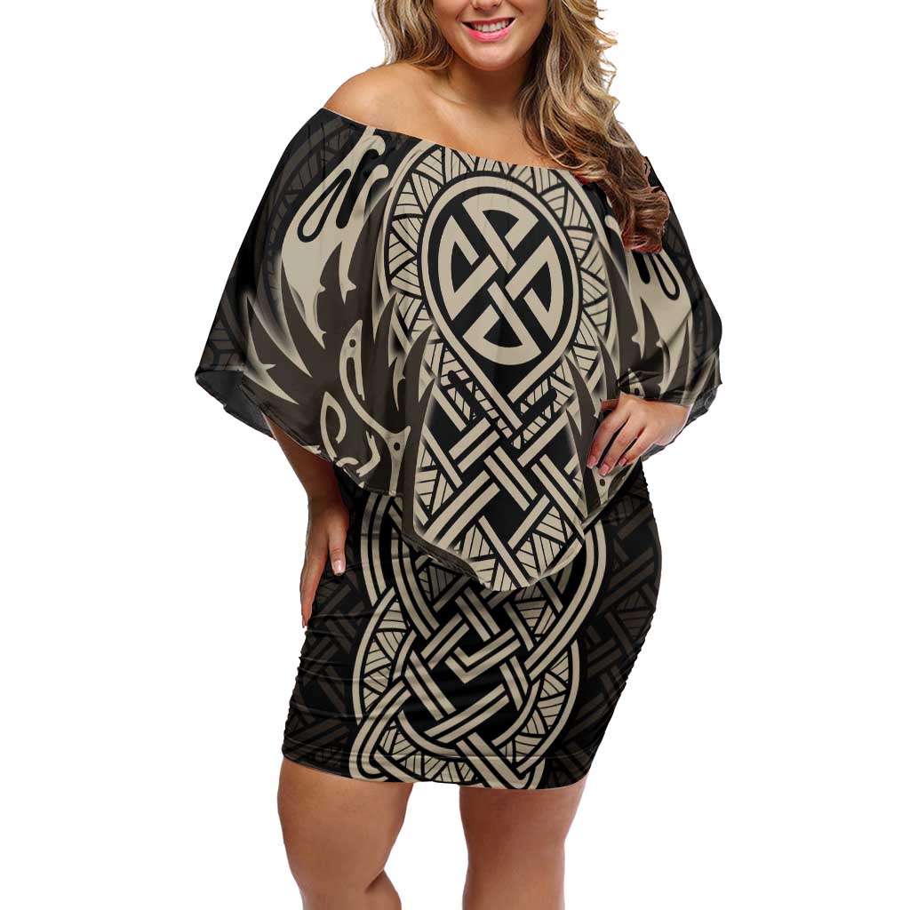 Celtic Trinity Knot Raven Emblem Off Shoulder Short Dress Intricate Norse Tribal Knotwork Illustration
