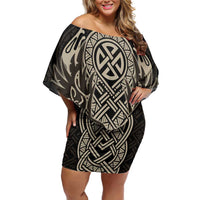 Celtic Trinity Knot Raven Emblem Off Shoulder Short Dress Intricate Norse Tribal Knotwork Illustration