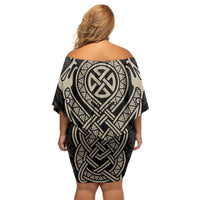 Celtic Trinity Knot Raven Emblem Off Shoulder Short Dress Intricate Norse Tribal Knotwork Illustration
