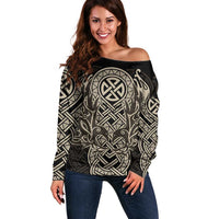 Celtic Trinity Knot Raven Emblem Off Shoulder Sweater Intricate Norse Tribal Knotwork Illustration