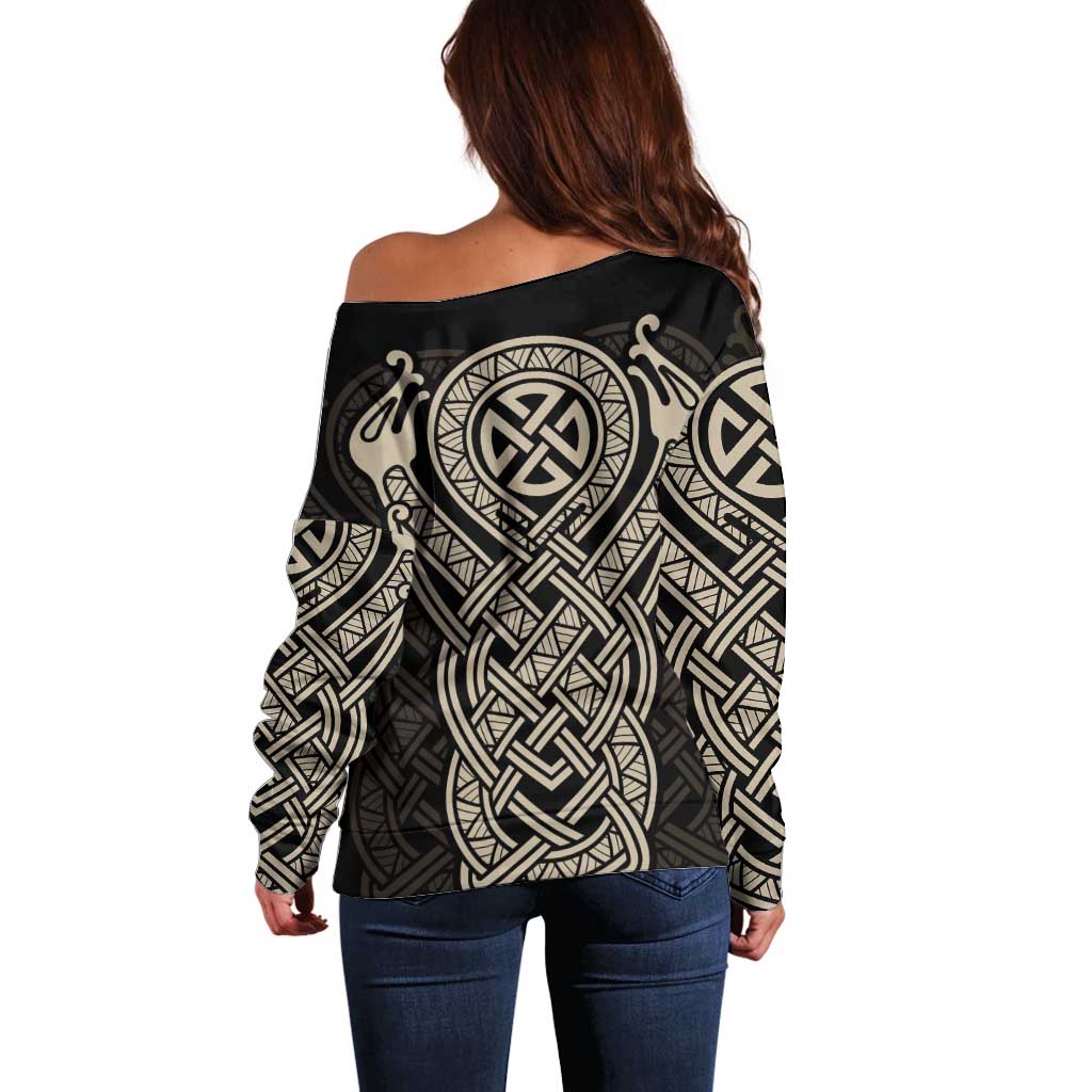 Celtic Trinity Knot Raven Emblem Off Shoulder Sweater Intricate Norse Tribal Knotwork Illustration