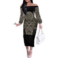Celtic Trinity Knot Raven Emblem Off The Shoulder Long Sleeve Dress Intricate Norse Tribal Knotwork Illustration