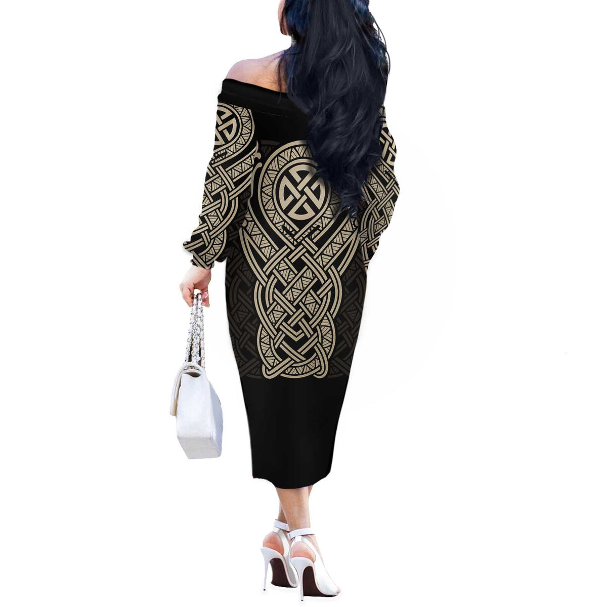 Celtic Trinity Knot Raven Emblem Off The Shoulder Long Sleeve Dress Intricate Norse Tribal Knotwork Illustration