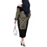 Celtic Trinity Knot Raven Emblem Off The Shoulder Long Sleeve Dress Intricate Norse Tribal Knotwork Illustration