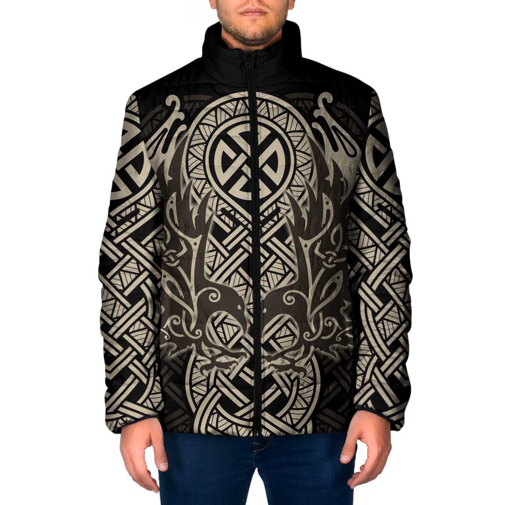Celtic Trinity Knot Raven Emblem Padded Jacket Intricate Norse Tribal Knotwork Illustration