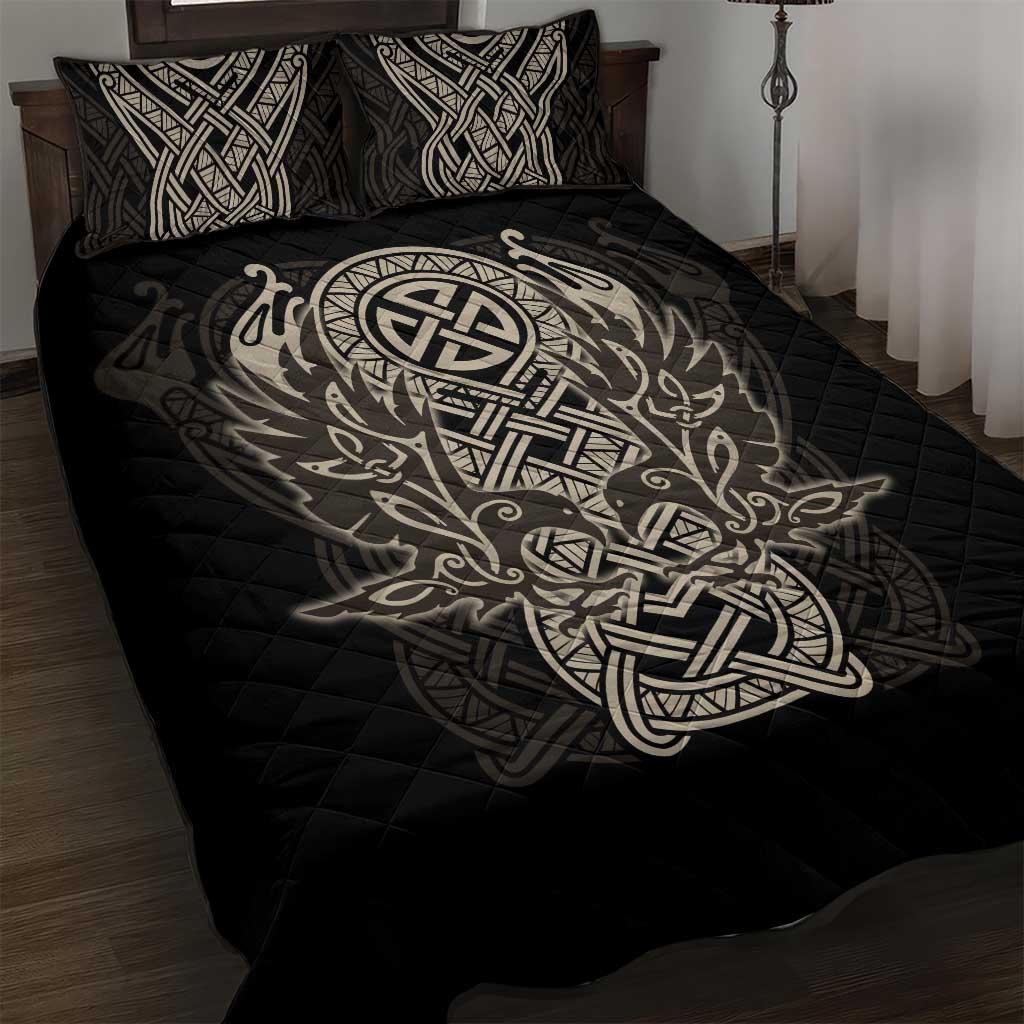 Celtic Trinity Knot Raven Emblem Quilt Bed Set Intricate Norse Tribal Knotwork Illustration