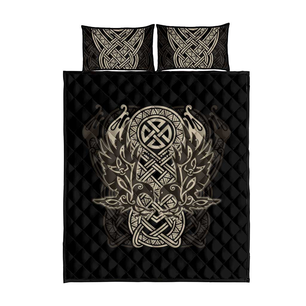 Celtic Trinity Knot Raven Emblem Quilt Bed Set Intricate Norse Tribal Knotwork Illustration
