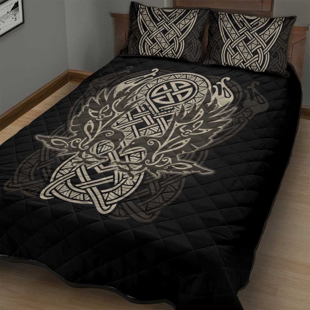 Celtic Trinity Knot Raven Emblem Quilt Bed Set Intricate Norse Tribal Knotwork Illustration