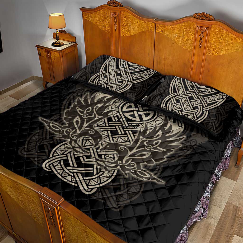 Celtic Trinity Knot Raven Emblem Quilt Bed Set Intricate Norse Tribal Knotwork Illustration