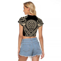 Celtic Trinity Knot Raven Emblem Raglan Cropped T Shirt Intricate Norse Tribal Knotwork Illustration