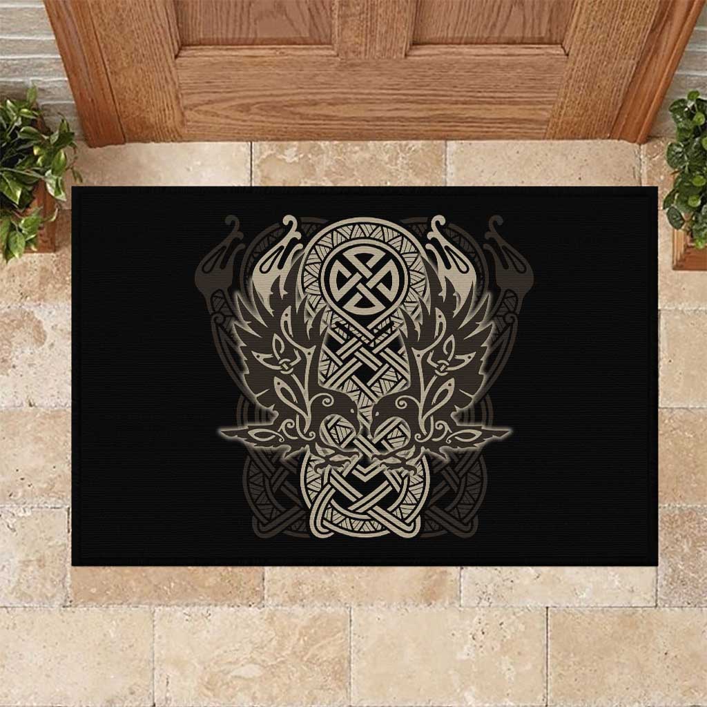 Celtic Trinity Knot Raven Emblem Rubber Doormat Intricate Norse Tribal Knotwork Illustration