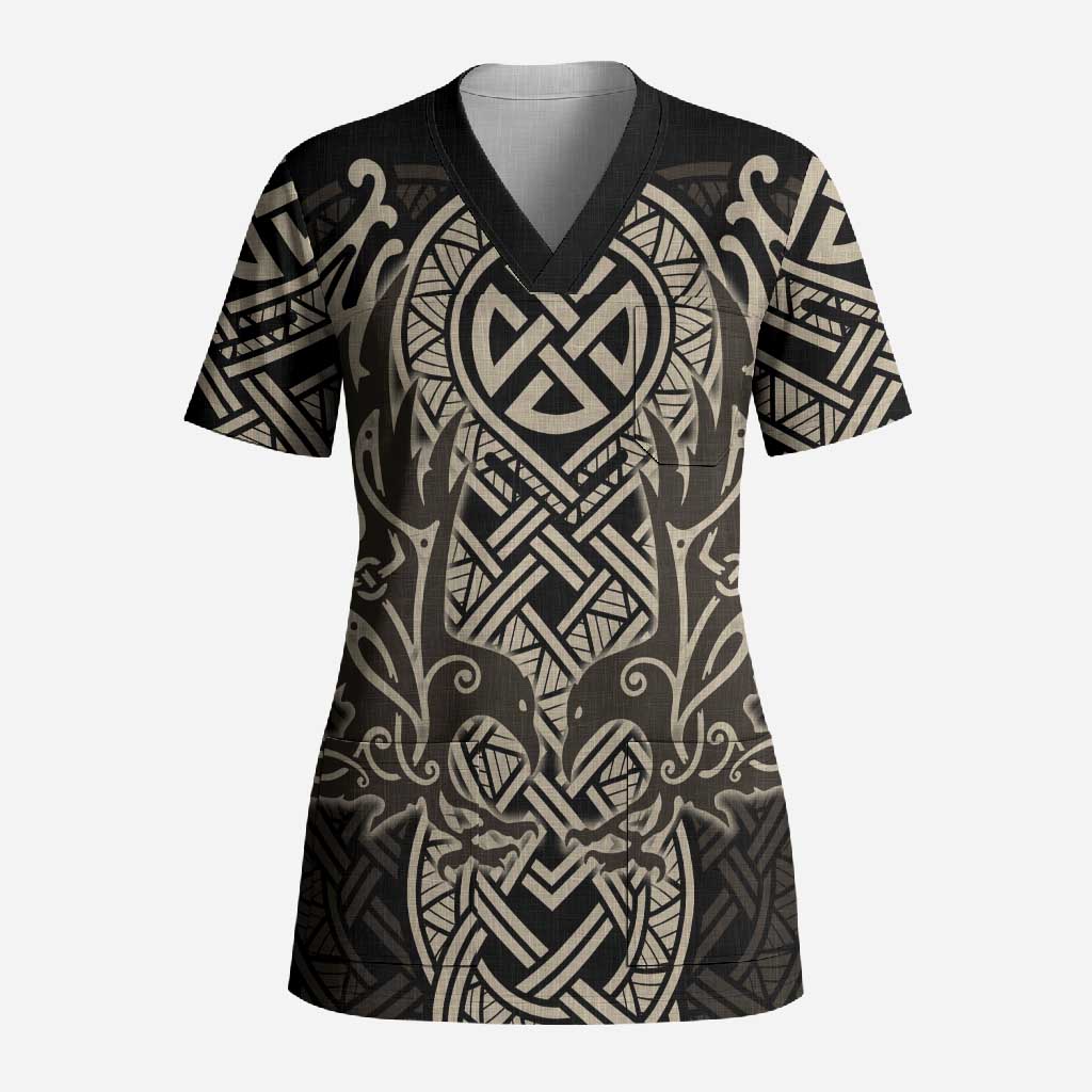 Celtic Trinity Knot Raven Emblem Scrub Top Intricate Norse Tribal Knotwork Illustration