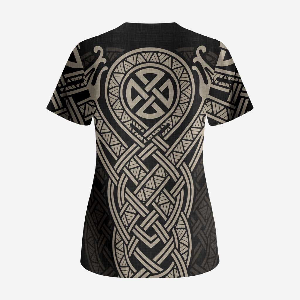 Celtic Trinity Knot Raven Emblem Scrub Top Intricate Norse Tribal Knotwork Illustration