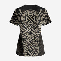 Celtic Trinity Knot Raven Emblem Scrub Top Intricate Norse Tribal Knotwork Illustration