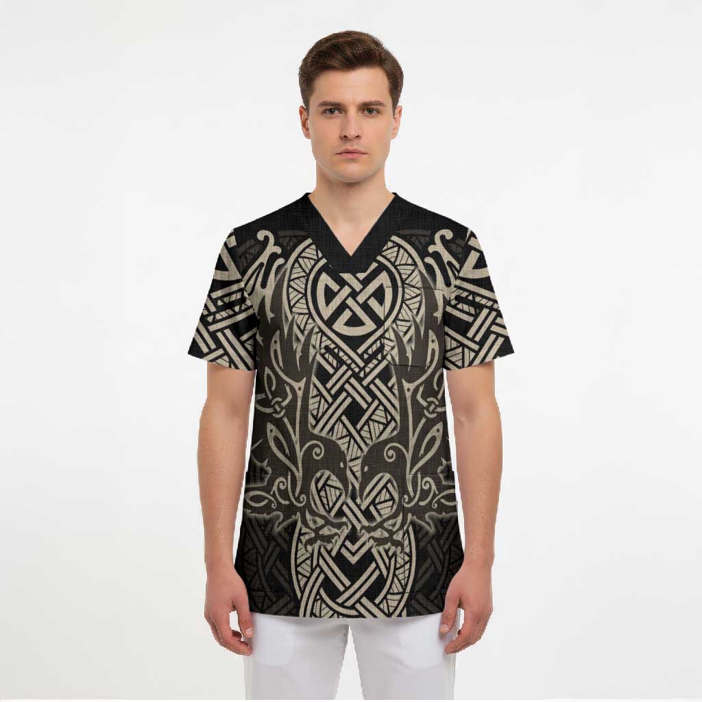 Celtic Trinity Knot Raven Emblem Scrub Top Intricate Norse Tribal Knotwork Illustration