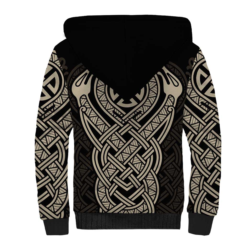 Celtic Trinity Knot Raven Emblem Sherpa Hoodie Intricate Norse Tribal Knotwork Illustration