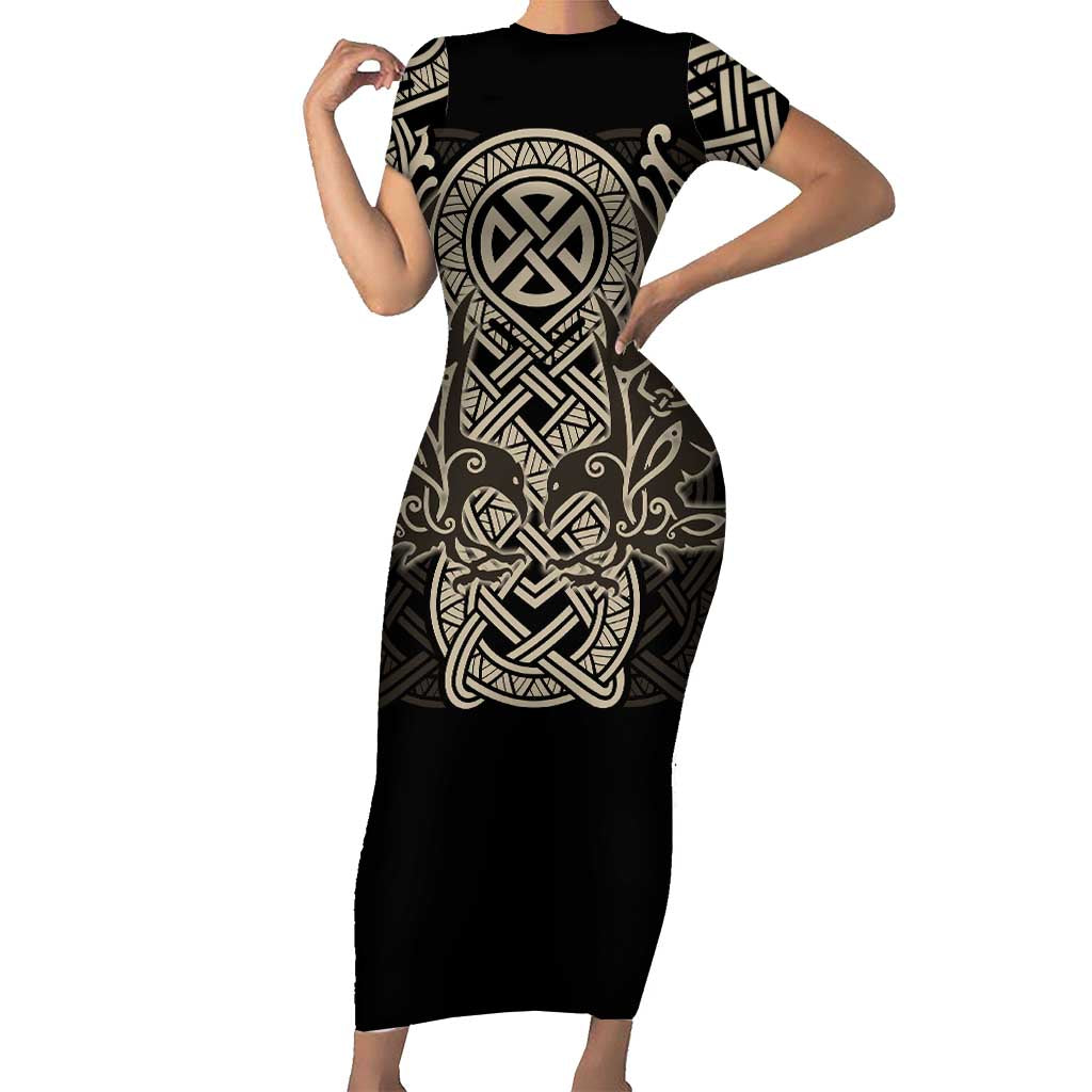 Celtic Trinity Knot Raven Emblem Short Sleeve Bodycon Dress Intricate Norse Tribal Knotwork Illustration