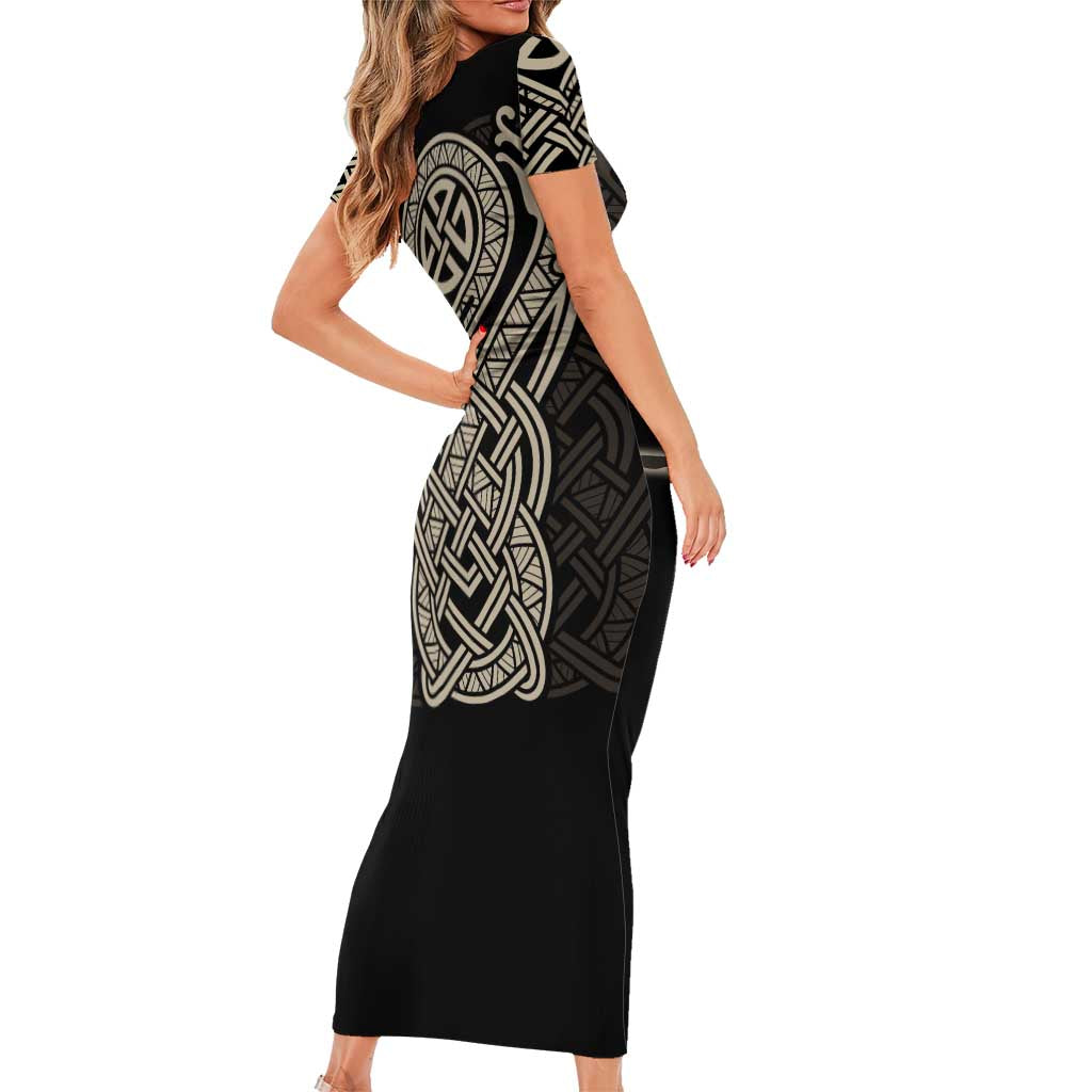 Celtic Trinity Knot Raven Emblem Short Sleeve Bodycon Dress Intricate Norse Tribal Knotwork Illustration