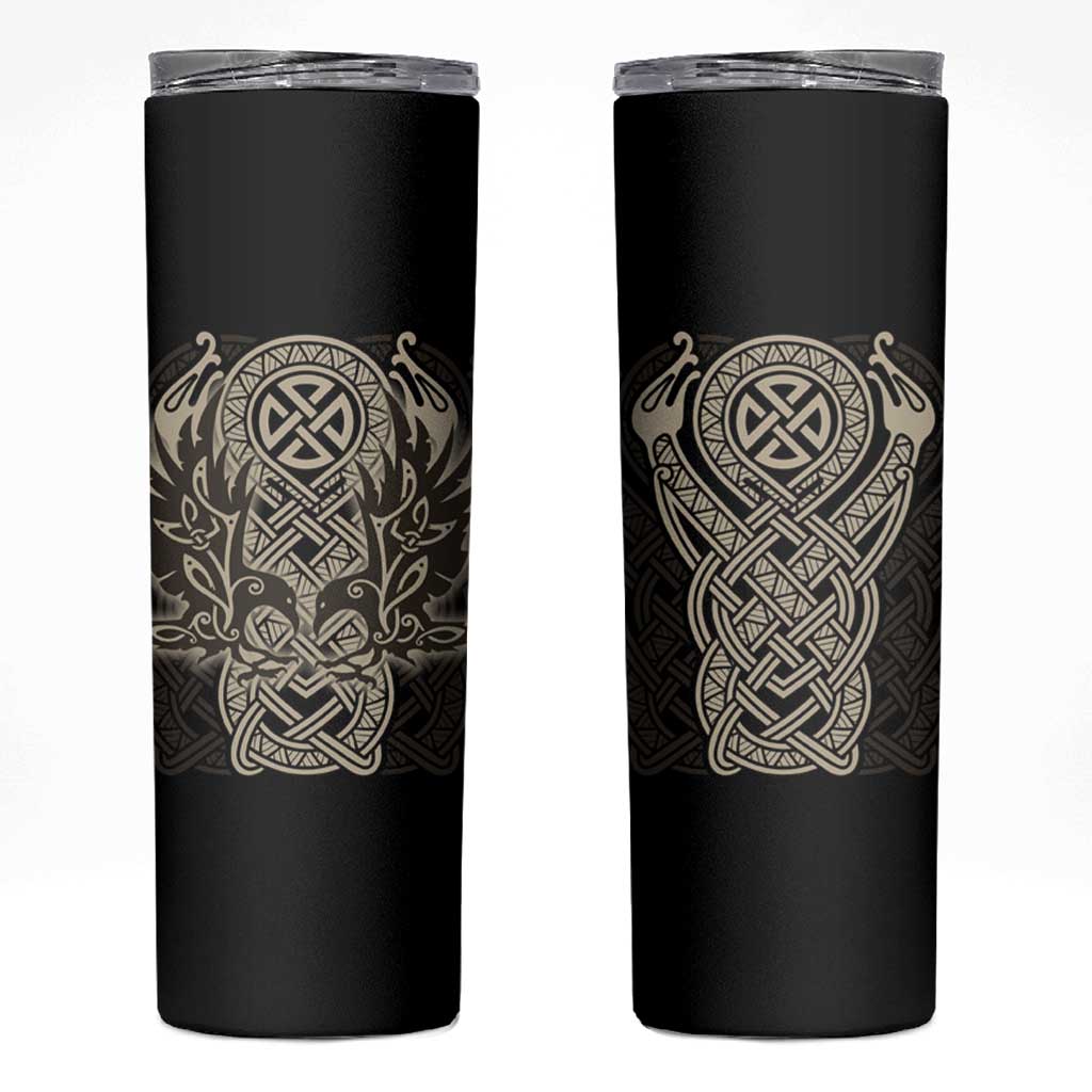 Celtic Trinity Knot Raven Emblem Skinny Tumbler Intricate Norse Tribal Knotwork Illustration
