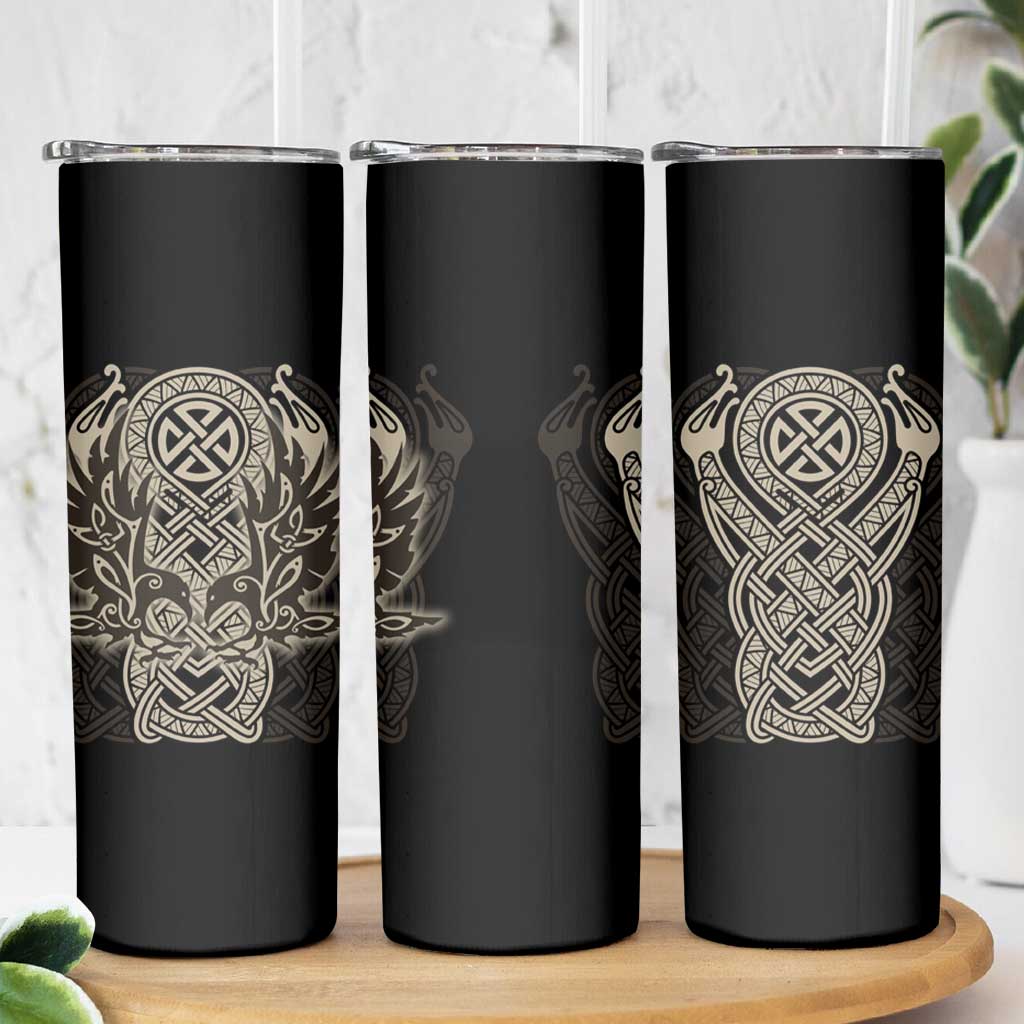 Celtic Trinity Knot Raven Emblem Skinny Tumbler Intricate Norse Tribal Knotwork Illustration