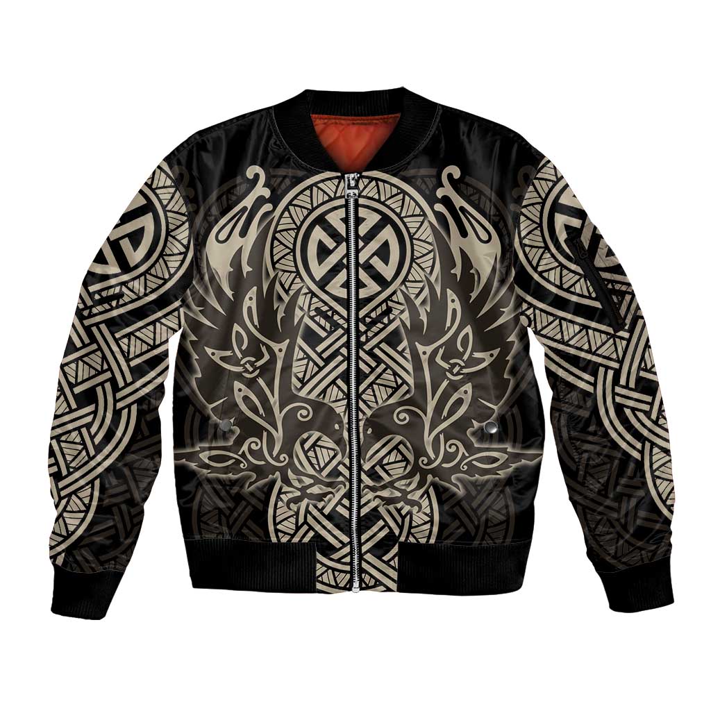 Celtic Trinity Knot Raven Emblem Sleeve Zip Bomber Jacket Intricate Norse Tribal Knotwork Illustration