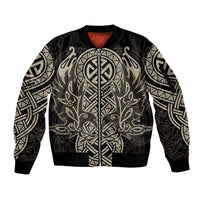 Celtic Trinity Knot Raven Emblem Sleeve Zip Bomber Jacket Intricate Norse Tribal Knotwork Illustration