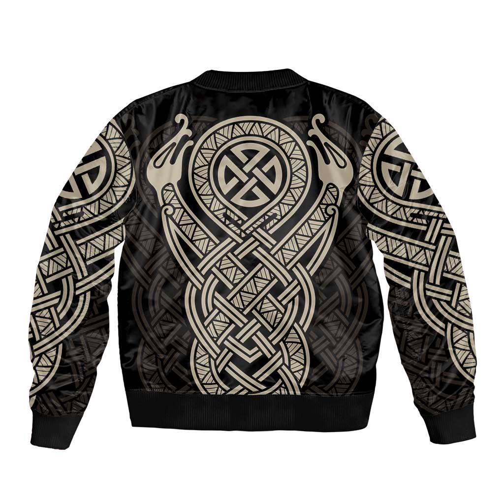 Celtic Trinity Knot Raven Emblem Sleeve Zip Bomber Jacket Intricate Norse Tribal Knotwork Illustration
