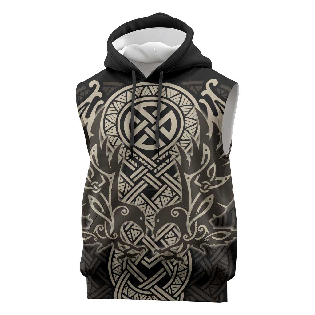 Celtic Trinity Knot Raven Emblem Sleeveless Hoodie Intricate Norse Tribal Knotwork Illustration