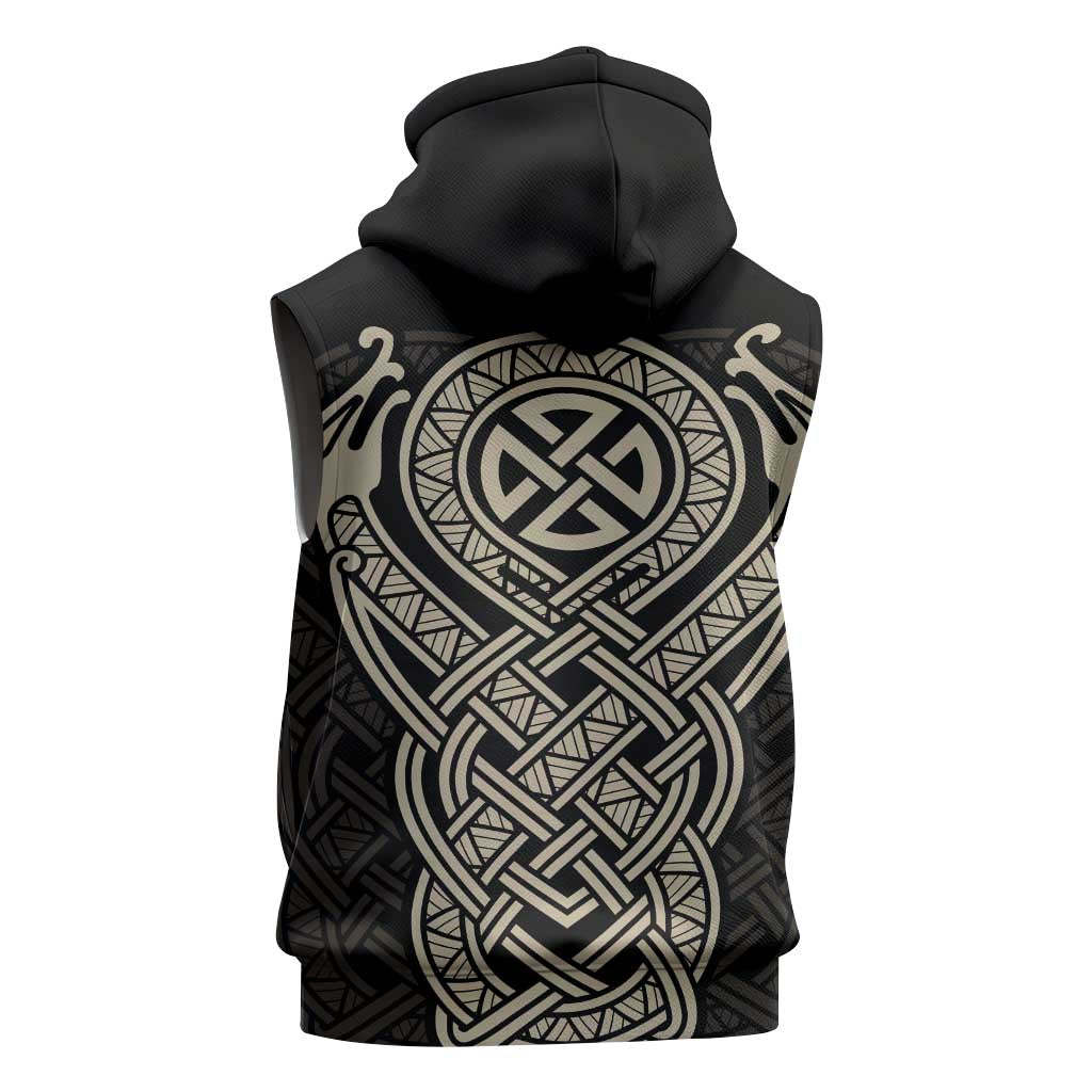 Celtic Trinity Knot Raven Emblem Sleeveless Hoodie Intricate Norse Tribal Knotwork Illustration