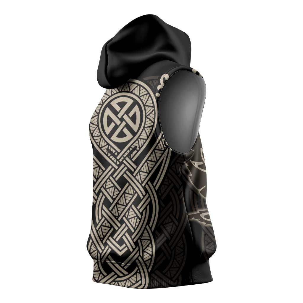 Celtic Trinity Knot Raven Emblem Sleeveless Hoodie Intricate Norse Tribal Knotwork Illustration